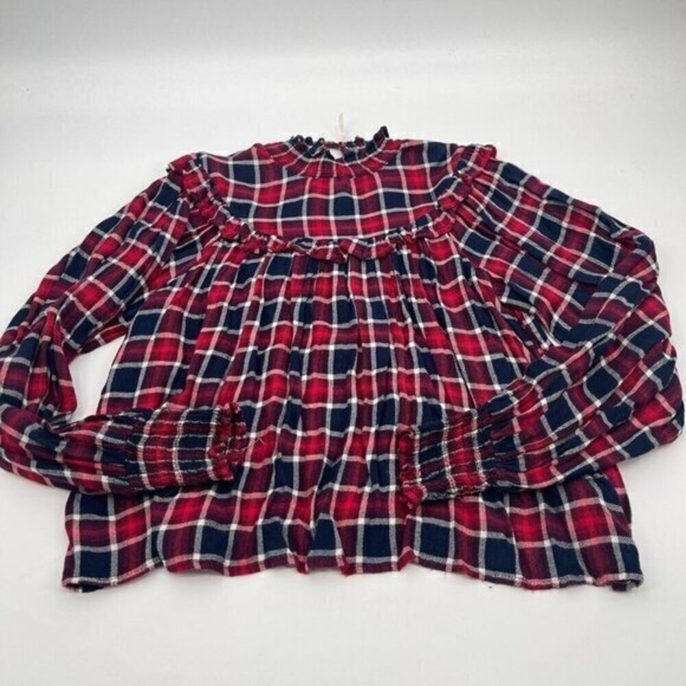 Free People Womens Blouse Small Ruffle High Neck Red Blue Plaid Preppy Smocked